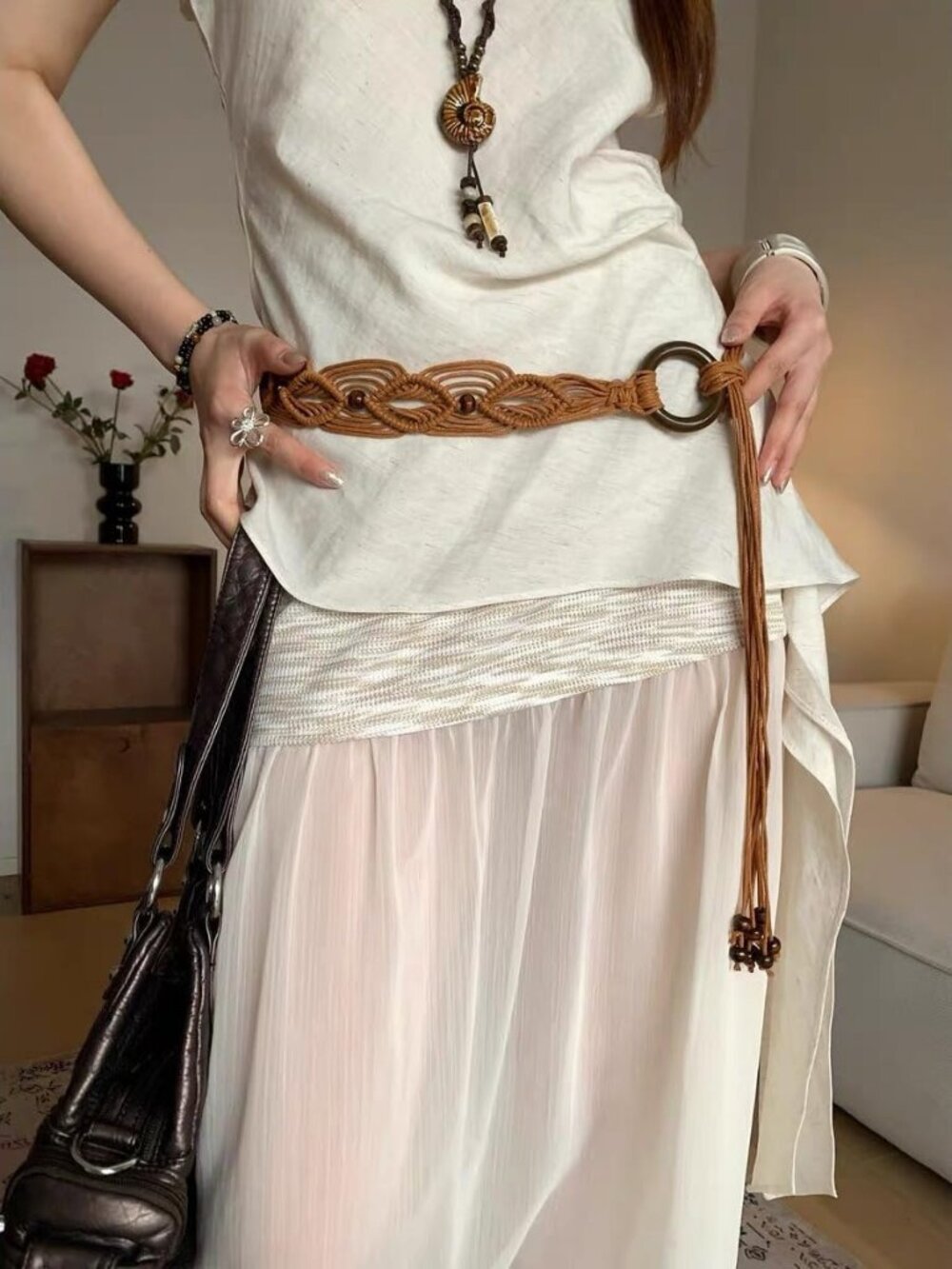 Women Western Braided Rope Belt Wood Ring Tassel Adjustable Boho